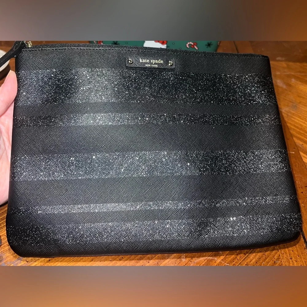 Kate Spade New York Graham Haven Lane Black Glitter Stripe Wristlet Clutch Bag - Picture 3 of 9